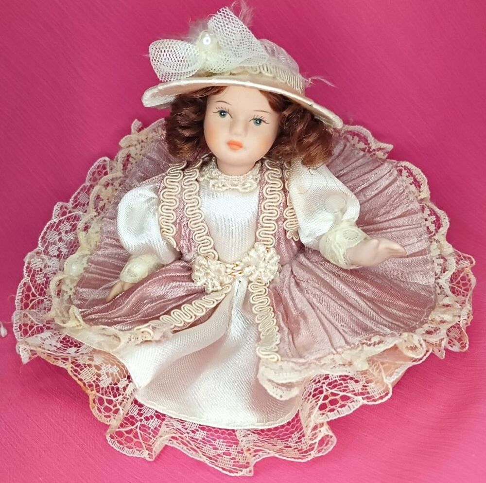 Vintage Porcelain Jointed Doll Ornament Cream Dress Hat Christmas Lace Victorian